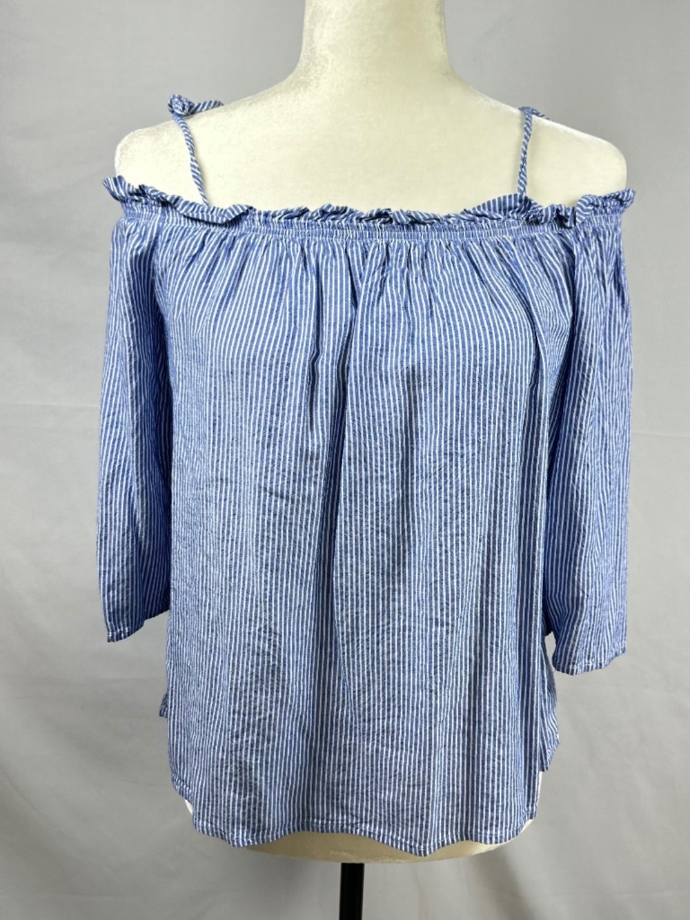 Women's Top Mind Code Blue & White Stripe Off Shoulder Size L 3/4 Length Sleeve